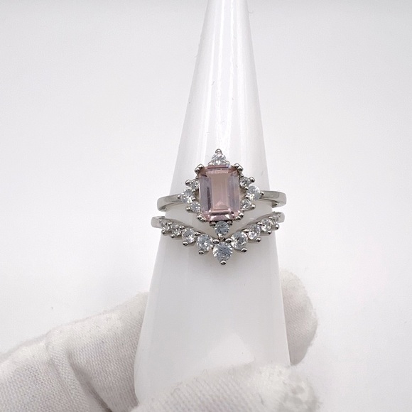 .925 Sterling Silver Light Morganite Cz & Clear Cz 2 PC Ring Set - Picture 3 of 17